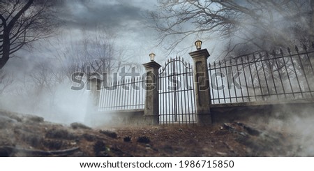 Old graveyard fence on a foggy day. 3D Rendering, illustration