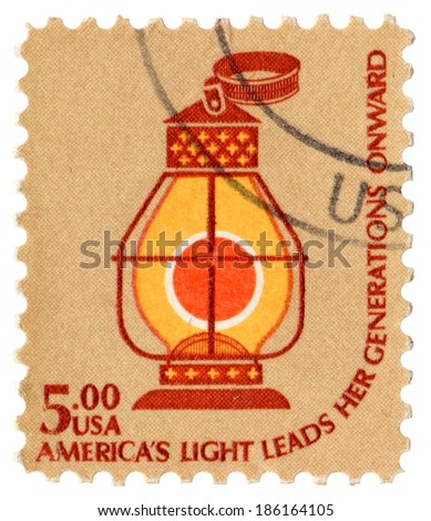US-1975: Railroad conductor\'s lantern, Issued by USPS in 1975, say America\'s light leads her generations onward. One of the series \