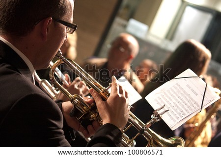 TORREVIEJA, SPAIN - APRIL, 02 : Musicians play religious marches on trumpet during Holy Week on April 2,2012 in Torrevieja, Spain. Tradition hundreds of years, typical in Spain.