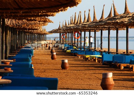 tropical beach with a row of straw sunbathing umbrellas and beach beds