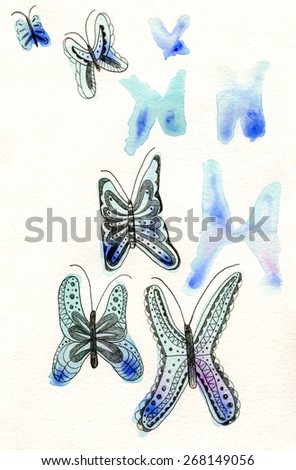 Colourful watercolour butterflies on white background