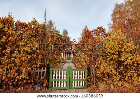 Traditional red wooden house in Sweden behind a high hedge with gate in autumn.