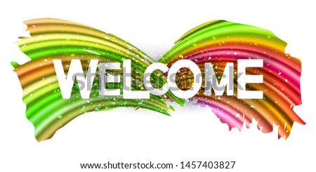 Welcome Text Banner with Rainbow Gradient Brush Stroke, Creative Colorful Spectrum Poster, Artistic Template with Art White Typography Font, Eps10 Vector Illustration – Vector