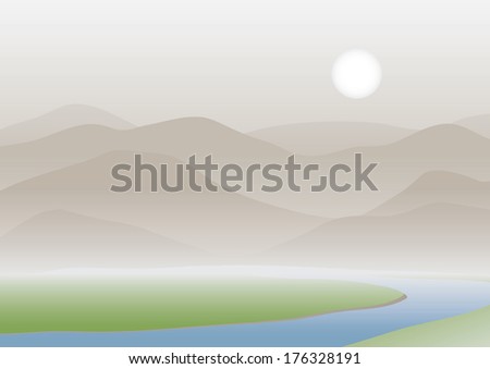 Landscape with mountains and river in fog