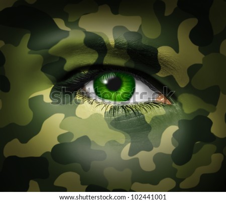 Military camouflage on a human face with a close up of the green eye gazing and looking representing war tactics and battle strategy in an army or business situation.