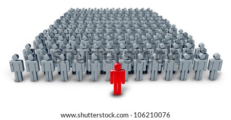 Business Group Leader symbol with a large crowd of grey worker characters being confidently lead by a red human icon as a concept of leadership guidance on a white background.