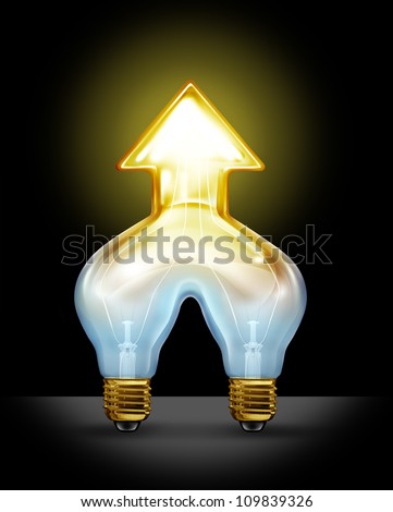 Successful creative partnership and corporate merger of ideas as two light bulbs coming together to form a unified business force as a glowing light in the shape of an arrow going up.