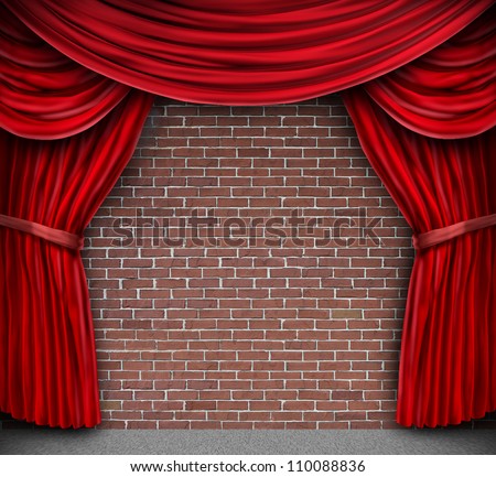 Red curtains or velvet drapes on an old rustic brick wall as a theatrical stage for theater and stand up comedy performance.