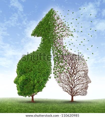 Partnership problems with two trees in shaped as human heads and an up arrow with one of the trees losing the leaves as a concept of divorce and separation in a personal or business disagreement.