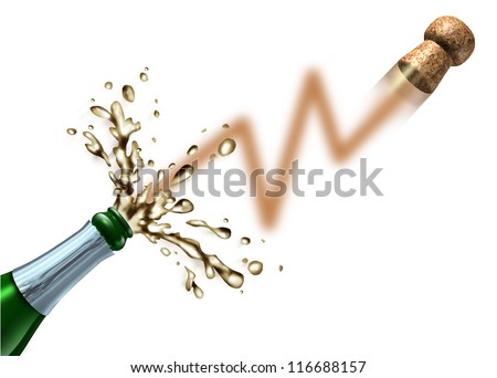 Stock market launch and profit celebration business success as a champagne bottle popping the cork and explosion in the shape of a stock market chart for a new IPO or initial public offering.