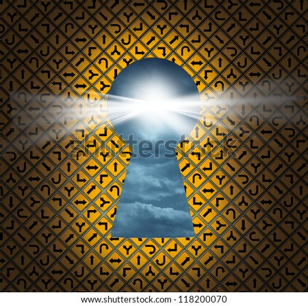 Direction key hole as a solution for success from confusion and chaos with a group of yellow road and highway signs as a keyhole shaped opening for hope and aspirations in wealth and health.