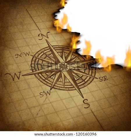 Losing direction and bad business planning and strategy with a compass rose navigation symbol on an old grunge parchment texture burning in flames as confused guidance.