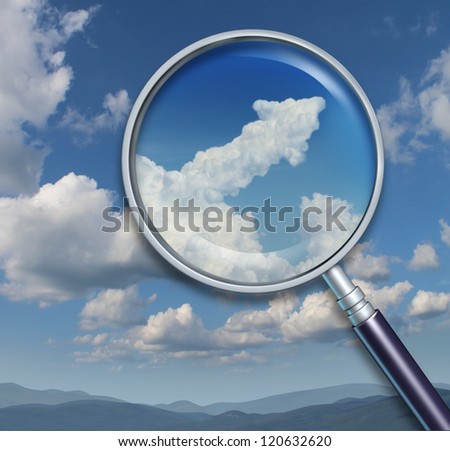 Search for opportunity and discovery of chances for business success with a visionary ability as a magnifying glass on a sky with an upward arrow shaped cloud.