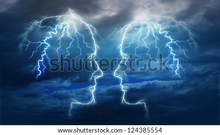 Power meeting and team ideas as a group of two electric lightning bolt strikes in the shape of a human head illuminated on a storm cloud night sky as an intelligent partnership for research success..