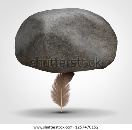 Concept of potency and stability as a potent health symbol or business metaphor for tenacity and stability as a feather hiolding a huge rock in a 3D illustration style. 商業照片 © 