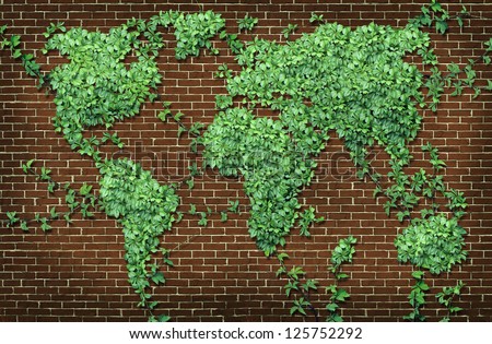 Global leaf map in the shape of growing green vine plant on a red brick wall as a world concept of network connections with the Americas Europe Africa Asia and Australia attached with branches.