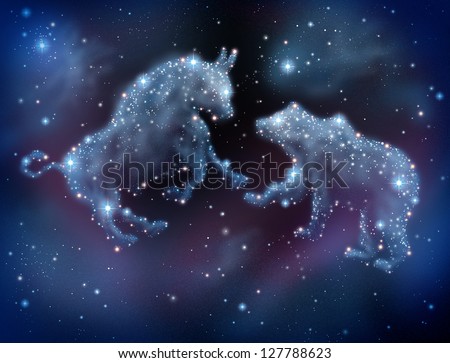 Stock market forecasting and investment predictions with financial icons of a bull and bear made of shinning constellation stars on a night sky in space as a business concept of investing ideas.