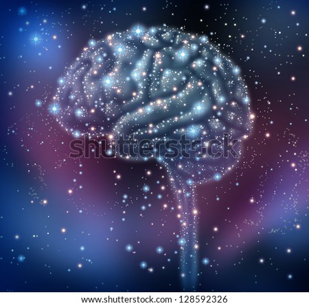 Brain intelligence discovery with a human brain shape made of stars and planets in a space background as a neurological health concept for research and solutions.