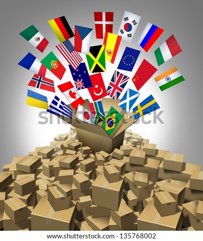 Global delivery Shipping and international package sending as a world parcel concept made of a mountain of cardboard boxes as a volcano with a group of flags as a symbol of fast service.