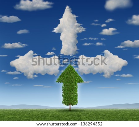 Growth potential with a growing arrow shaped tree and clouds as a business concept of success aspirations and ambition for career and investment future strategy.