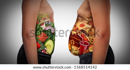 Child nutrition choice eating unhealthy diet or healthy food as a side view of a fat and normal kid with the stomach made from junk food or health ingredients with 3D illustration elements. Сток-фото © 