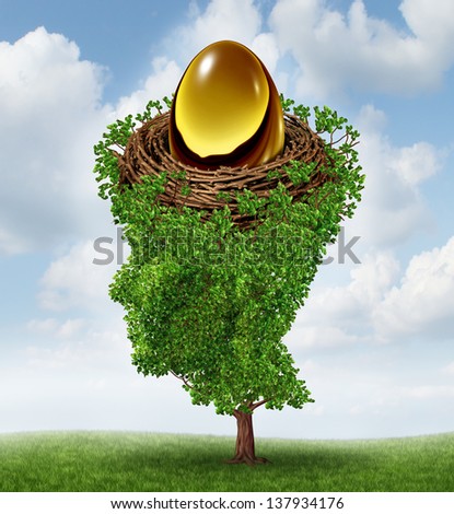 Managing your nest egg as a financial concept with a growing green tree in the shape of a human head supporting a nested investment for future retirement fund as a 401 K plan.