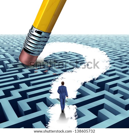 Leadership questions searching for solutions as a businessman walking through a complicated maze opened up by a pencil eraser question mark as a business concept of advice for financial success.