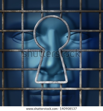 Individual freedom and free thinking concept as a metal cage with an open  key hole and a human head waiting in the shadows as a symbol of escape from slavery as a solution to go forward.