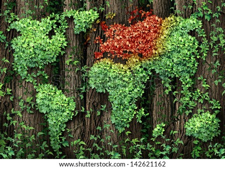 Europe growth crisis concept as a forest of tall trees with a green leaf vine growing in the shape of a global world map with the European area in autumn fall mode as red and yellow leaves.
