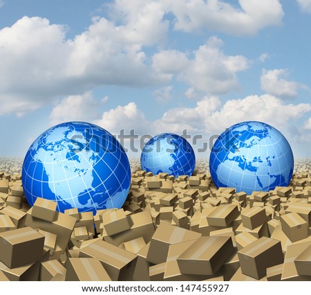 Global cargo and Shipping business concept as a worldwide trade and delivery transport courier service with a group of spheres as world  markets drowning in a sea and ocean of cardboard boxes.