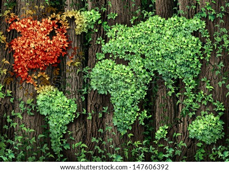 North America growth crisis concept as a forest of tall trees with a green leaf vine growing in the shape of a global world map with the Canada America and Mexico area in autumn fall leaves.