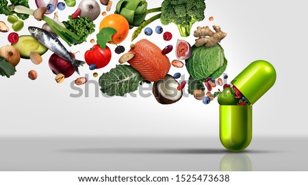 Nutritional supplement and vitamin supplements as a capsule with fruit vegetables nuts and beans inside a nutrient pill as a natural medicine health treatment with 3D illustration elements.