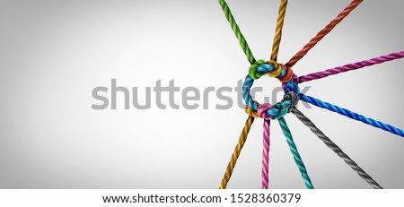 Unity and teamwork concept as a business metaphor for joining a partnership as diverse ropes connected together as a corporate symbol for cooperation and working collaboration. Stock foto © 