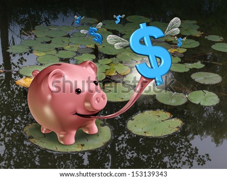 Bargain hunting business and financial concept with a piggy bank character pretending to be like a frog in which it catches flying bug like dollar signs with a the sticky tongue as an icon of budget.
