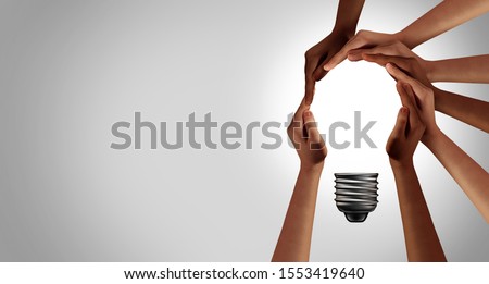 Team thinking together as a diverse group of people coming together joining hands into the shape of an inspirational light bulb 3D elements. Photo stock © 