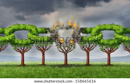 Chain breaking business concept as a group of linked trees shaped as connected links  being broken and detached with a burning  fire as a metaphor for ruptured network problems on a storm sky.