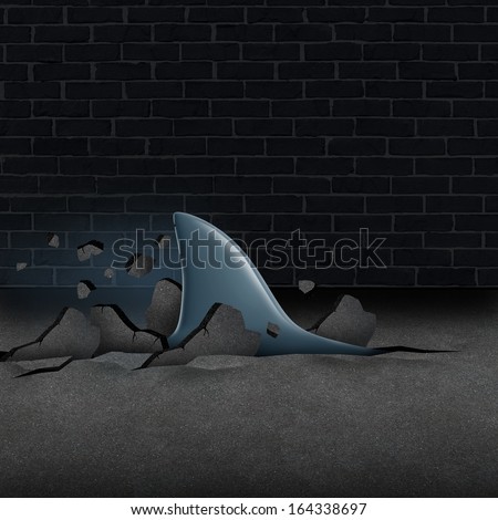 Urban risk and the danger of life in the city as a social concept with an anxiety disorder metaphor of a shark fin breaking street asphalt towards a victim of violence as a symbol of society hazards