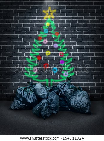 Poverty during the holidays as a concept for social financial challenges of poor families or the homeless as spray painted graffiti of a christmas tree on a brick wall with garbage bags as gifts.