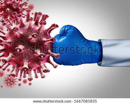 Virus vaccine and flu or coronavirus medical fight disease control as a doctor fighting a group of contagious pathogen cells as health care for researching a cure with 3D illustration elements. Foto stock © 