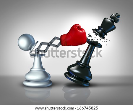 Secret weapon business concept with a chess pawn punching and destroying the competition king piece with a hidden red boxing glove as a metaphor for innovative corporate strategy and planning to win.