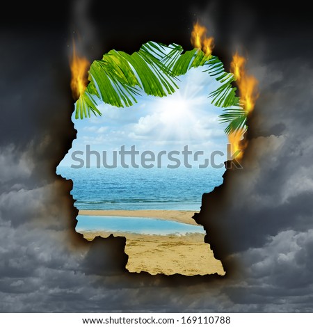 Human escape emotions concept with a dark storm sky burning a hole shaped as a head revealing a beautiful tropical landscape as a metaphor for brain relaxation to fight depression stress and anxiety.