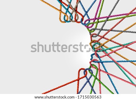 Human connections and personal connected network as a group of diverse ropes linked together as a shape of a person as a creativity and mental health or psychology symbol.