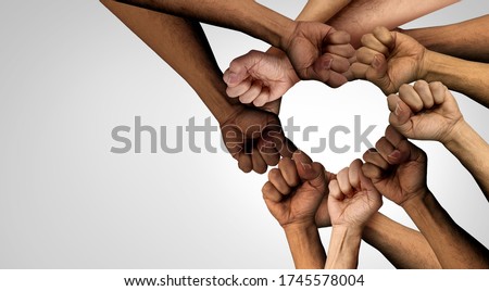 Peaceful Protest group and protester unity and diversity partnership as heart hands in a fist of diverse people together as a nonviolent resistance symbol of justice and fighting for a good cause.