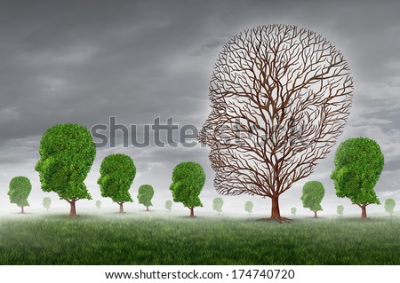 Human death and grief as loss of a loved one concept with a group of trees shaped as a head and one tree with no leaves as a metaphor for community support for grieving  disease and aging illness.