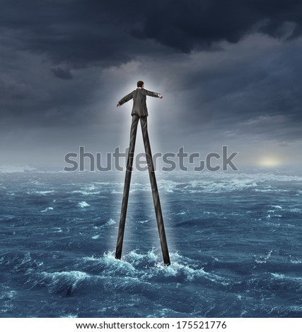 Management skills and career development as a businessman with very tall legs walking towards a glowing sun goal through a deep ocean as a metaphor for business success adaptation success expertise.