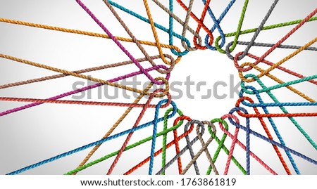 Business Unity and connection partnership as ropes shaped as a circle in a group of diverse strings connected together shaped as a support symbol expressing the feeling of teamwork and togetherness.