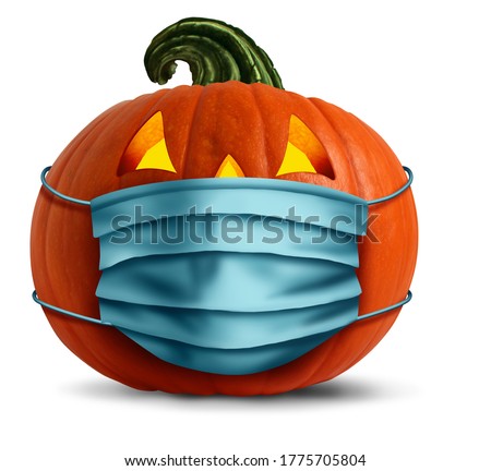 Halloween face mask as a jack o lantern pumpkin wearing a medical face mask as an autumn symbol for disease control and virus infection and coronavirus or covid-19 safety in a 3D illustration style. Foto stock © 