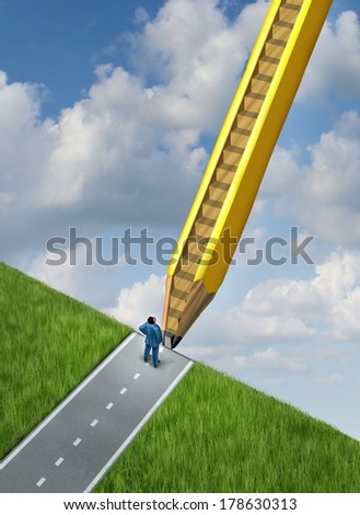 Creative opportunity and path to success as a giant pencil with upwards stairs carved in the wood as a metaphor for business  career opportunities through planning and developing a winning strategy.