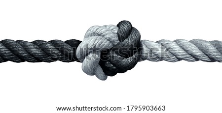 Trust concept and connected symbol as two different ropes tied and linked together as an unbreakable chain as a faith metaphor for dependence and reliance on a trusted partner as support and strength. Foto stock © 