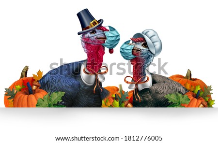 Healthy Thanksgiving banner as a seasonal sign with a turkey tom or gobbler and a hen and  each wearing a face mask and surgical facial protection for disease protection with 3D illustration elements.